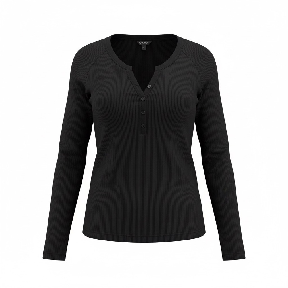 George Black Long Sleeve Henley Buttoned Top Size M Minimalist Casual Ribbed